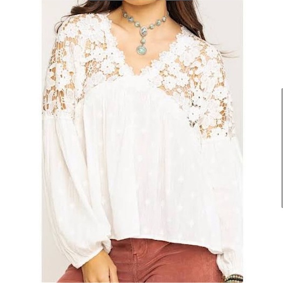 Free People Lina Lace Balloon Sleeve White embroidered lace Peasant Blouse Small - Picture 3 of 12